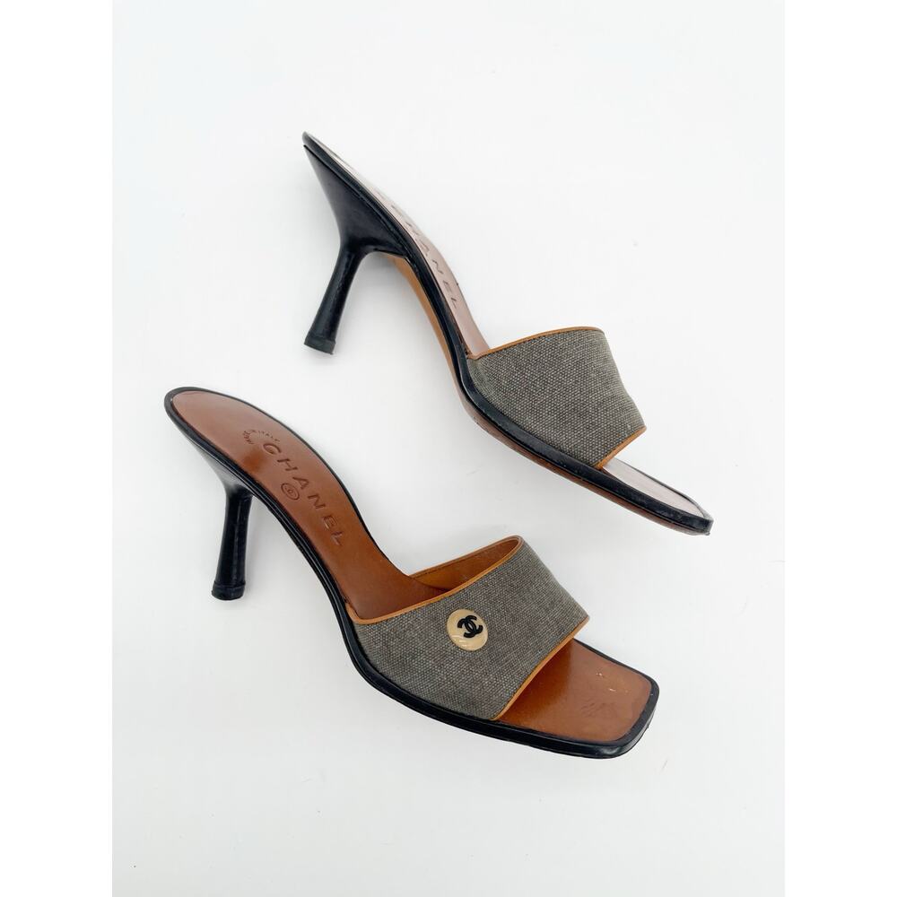Chanel Vintage y2k Gray Canvas CC Logo Square Toe Mule Sandals Heels EU 37 - Picture 5 of 14